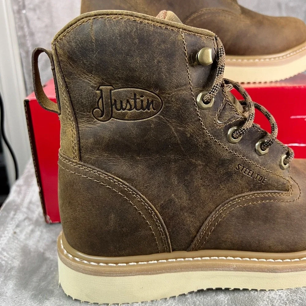 Justin‎ Steel Toe Work Boots Mens 9.5D Brown Leather Lace Up Wedge Sole Safety
